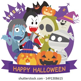 Halloween illustration of ghost and monster