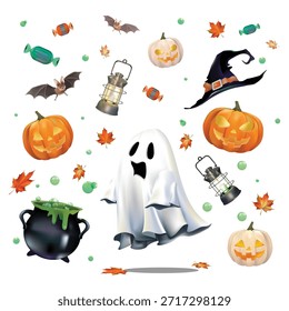 Halloween-Illustration mit Geist, Kürbissen, Fledermäusen und Hexenhut. Geist, Kürbisse und Fledermäuse sorgen für eine gespenstische Halloween-Stimmung. Halloween Elemente kreativ verstreut. Halloween-Illustrationsvektor.