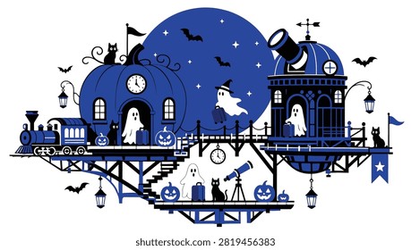 Halloween illustration with a ghost train station, pumpkin house, observatory, and black cats under a full moon, vector graphic design element