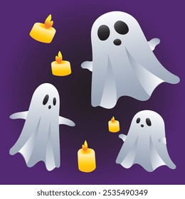 Halloween illustration of ghosts blanket with candles, creating a spooky, eerie vibe. Ideal for festive themes and decorations.