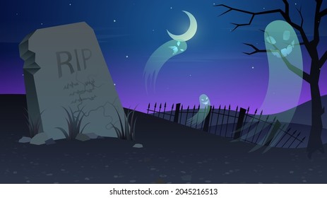 Halloween illustration with ghosts in the cemetery on a moonlit night