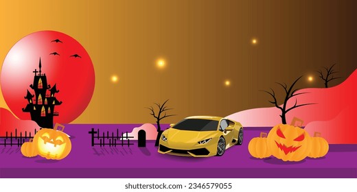 Halloween illustration glowing pumpkin with supercar. vector eps10.
