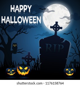 Halloween illustration - Graveyard with a pumpkin in the background of a blue moon.