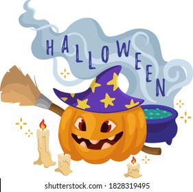 Halloween illustration, greeting card or sticker. 
Cheerful and cute cartoon pumpkin with a witch's hat and broom, 
pot of magic potion and steam rising above it and the writing Halloween.