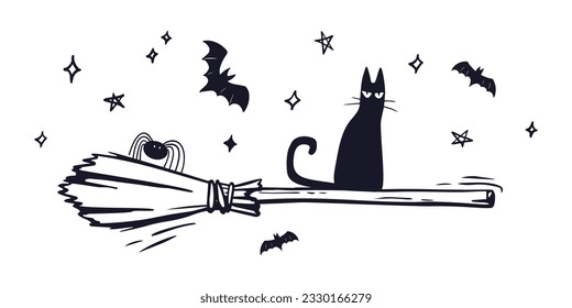 Halloween illustration. Hand drawn black cat and spider flying on a broom isolated on a white background. EPS10