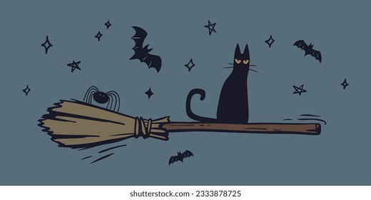 Halloween illustration. Hand drawn black cat and spider flying on a broom. EPS10