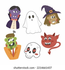 Halloween Illustration Hand Drawn Dracula, Ghost, The Witcher, Frankenstein, Skull, Red Demon Devil Collection Set Asset Element Flat Design Vector Package