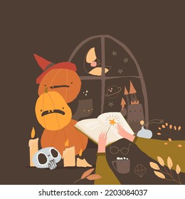 Halloween Illustration with Hands, Magic Book and Pumpkins