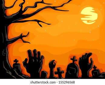 Halloween Illustration of Hands Protruding from the Ground in a Creepy Graveyard