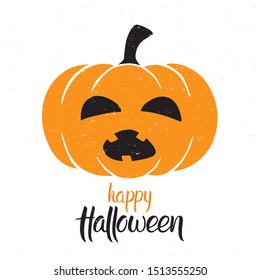 Halloween illustration. Happy pumpkin and halloween lettering. Can be used for poster, greeting card, decoration, invitation. Vector illustration