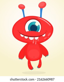  Halloween Illustration of happy red  alien character with one eye. Package or logo design. Vector isolated