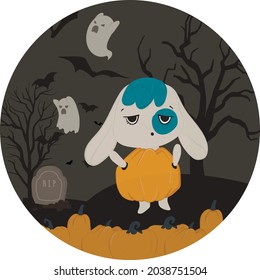 Halloween illustration. Hare in a pumpkin. Ghosts in the cemetery. Scary tales. Trick or treat. October.