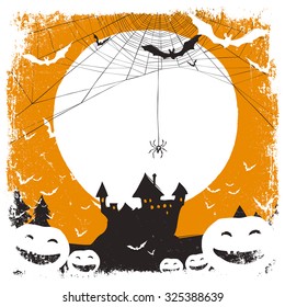 Halloween illustration with haunted castle and spider web and space for text