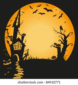 halloween illustration with haunted house, bats, owl and pumpkins