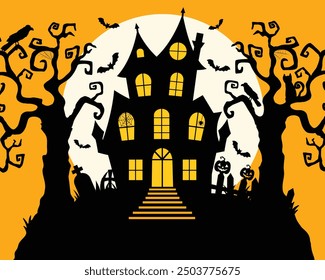 Ilustración de Halloween. Casa encantada bajo luna llena con árboles y cementerio para la noche de Halloween. Perfecto para invitaciones de fiesta, redes sociales, promociones de eventos festivos.