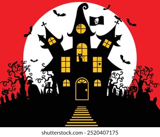 Halloween illustration. Haunted house under full moon on red background with trees and graveyard for Halloween night. Perfect for party invitations, social media, festive event promotions.