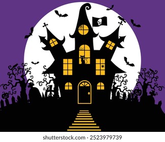 Halloween-Abbildung. Geisterhaus unter Vollmond auf violettem Hintergrund mit Bäumen und Friedhof für Halloween Nacht. Perfekt für Partyeinladungen, Social Media, festliche Event-Aktionen.