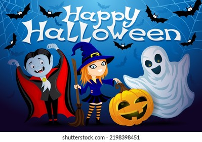 Halloween illustration with holiday characters on blue background.