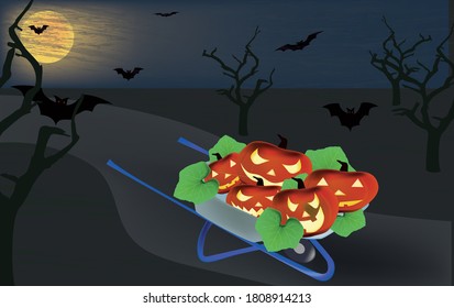 
Halloween illustration, holiday pumpkins ride in a wheelbarrow on the road, night, full moon, bats fly, bare trees