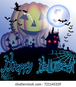 Halloween illustration with house on blue moon background. Vector Illustration.
