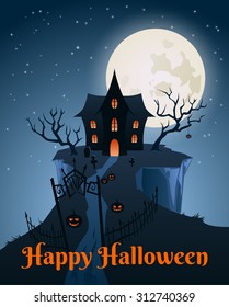 halloween illustration with house on hill