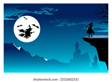 ilustração de halloween de uma casa com uma bruxa voando sobre o céu azul, adequado para fundo, decoração de parede, capa de livro, publicidade.