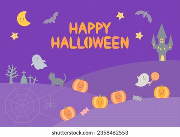 Halloween illustration. Halloween icons and characters. Purple background with polka dots. Vector illustration.