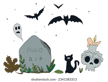 Halloween illustration image. 
Hand drawn image artwork of a halloween elements. 
Simple cute original logo.
Hand drawn vector illustration for posters, cards, t-shirts.