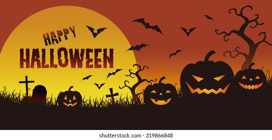Halloween illustration,  jack o lantern and full moon in the twilight