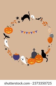 Halloween illustration with jack o lanterns and ghosts.