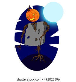 Halloween illustration. Jack-o-Lantern on a dark night background with the full moon. Vector background.