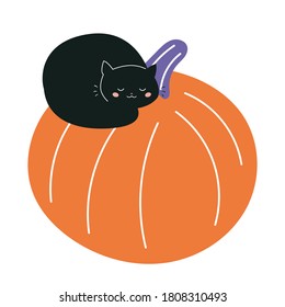 Halloween illustration for kids. Cute black cat is sleeping on a pumpkin. Vector cartoon doodle character. Isolated on white background.