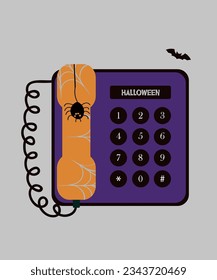 Halloween Illustration with Landline Phone and Spider,Web,Bat