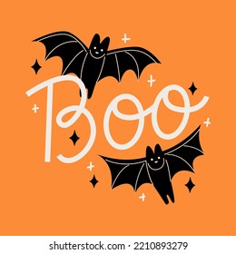 Halloween illustration with lettering word boo and bats. Vector flat illustration. Holiday poster