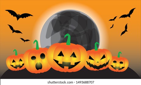 Halloween Illustration with light moon, flying bats, pumpkins on orange background. Halloween party