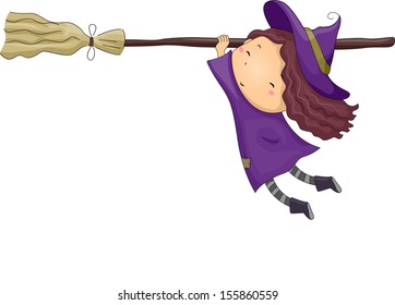 Halloween Illustration of a Little Girl Dressed as a Witch Clinging Onto a Broomstick