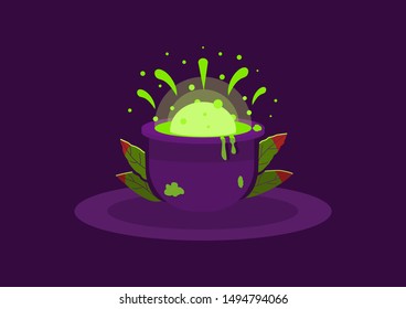 Halloween illustration. Magic cauldron with poison. Dark purple, green, orange colors.