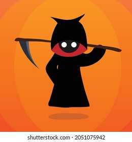 Halloween illustration of a mascot with cartoon fangs on his shoulder wielding a scythe.