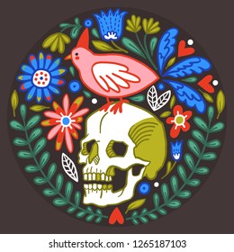 Halloween illustration. Medallion with a skull, a bird and flowers. Great for greeting cards, halloween party invitations, t-shirt printing and more. Happy Halloween!