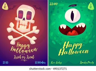 Halloween illustration monster and skull and crossbones . Vector set of happy halloween vintage badges, logos emblems and labels. Vector stock illustration.