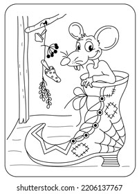 Halloween illustration. Mouse, witch's boot, toadstools, wolfberries. Black and white vector image. Coloring.