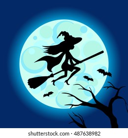 Halloween illustration of mysterious night with full moon and flying witch.