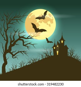 Halloween illustration of mysterious night landscape with castle and full moon. Vector EPS 10