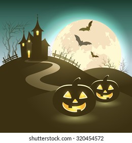 Halloween illustration of mysterious night landscape with castle, full moon and pumpkins. Template for your design. Vector EPS 10