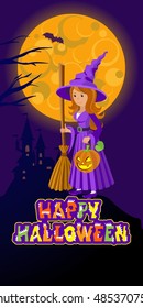 Halloween illustration of mysterious night landscape with castle full moon and witch for your design.