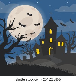 Halloween illustration of night landscape with castle and full moon