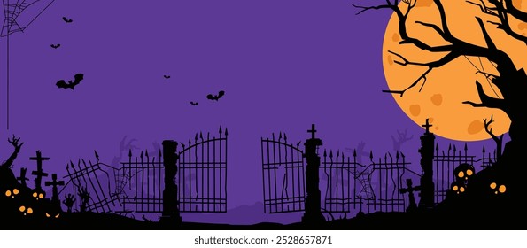 Ilustración de Halloween en la noche en medio de un cementerio con árboles, luna y puerta rota. adecuado para carteles y Anuncios