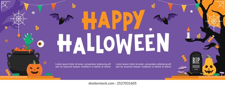 Halloween illustration at night with tree decorations, tombstones, Pumpkins, eyeballs, zombies, bats, candy corn, Poison Cauldron and spooky decorations on purple background