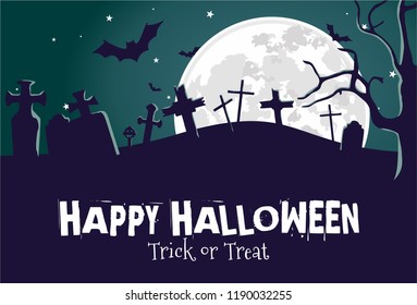 Halloween Illustration Night View With Text. Silhouette of bat, Graveyard, and Tree For Your Design, Card, poster, invitation, etc.