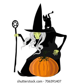 Halloween illustration of old witch with black cat and pumpkin